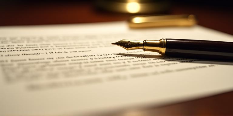 Close up of legal documents on a dark wooden table with gold fountain pen